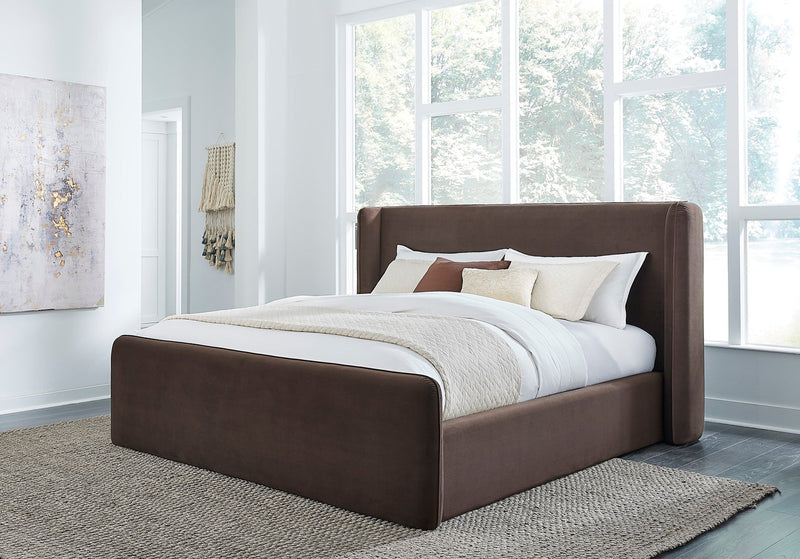 Bacall Velvet Upholstered Wingback Platform Bed in Cola