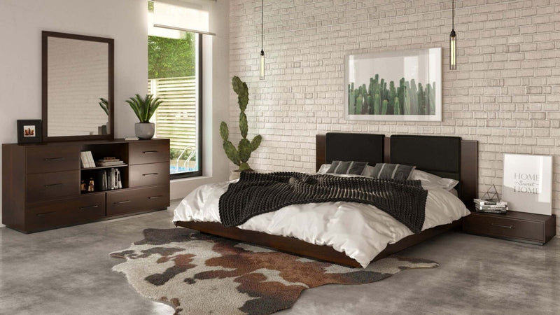 Nova Domus Fantasia - Walnut/Dark Grey Bed and Two Nightstands